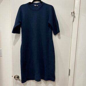 Uniqlo U Navy Midi Elbow Length Sleeve Midi Dress Wool Blend, Size S, EUC